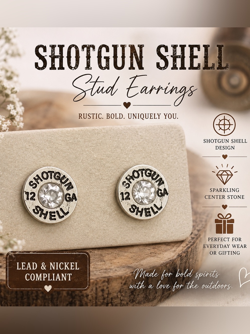 Shotgun Shell Stud Earrings — Silver Tone with Sparkling Center